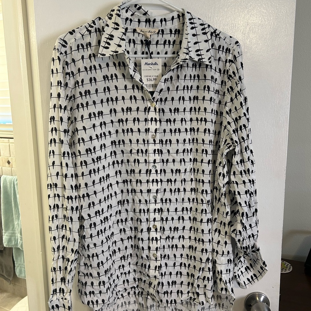 Jane and Delancey Black and White Button Down Shirt with Unique Bird Design